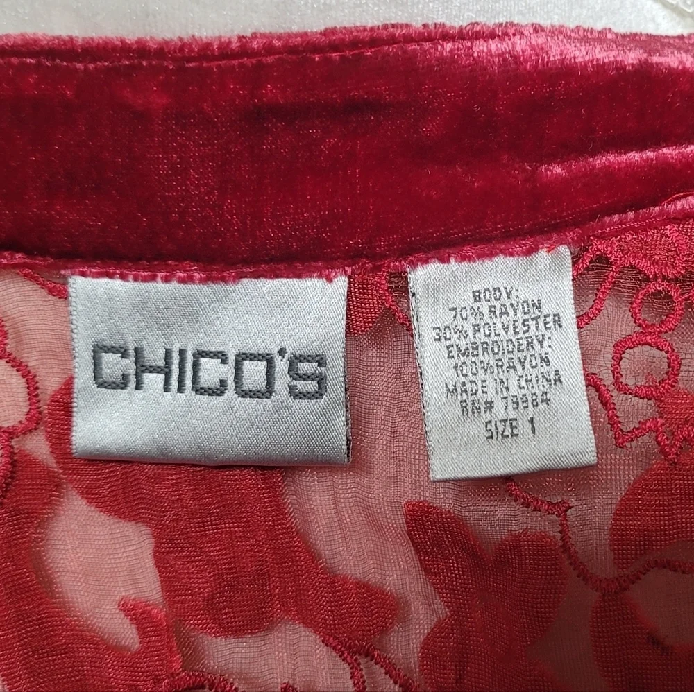Chico's 90s Vintage Red Burnout Velvet Floral Sheer Mesh Open Front Cardi Jacket